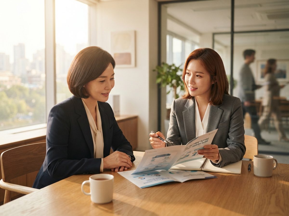 중장년 재취업 50대 여성 직장인이 회사 회의실에서 HR 담당자와 마주 앉아 재취업지원서비스 안내 자료를 함께 검토하는 모습, 오후 창가 햇살이 부드럽게 들어오는 따뜻한 분위기, 차분하고 신뢰감 있는 느낌, 실사 사진