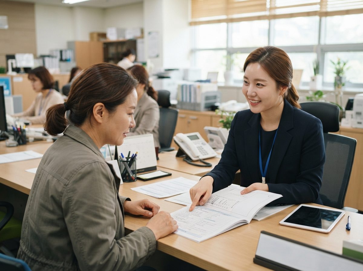 주민등록 말소자 복지 혜택 신청방법 2026 30대 여성 복지 담당 공무원이 책상에 앉아 상담자의 서류를 보면서 체크리스트를 짚어주며 친절하게 설명하는 모습, 사무실 내부, 자연광과 형광등이 섞인 밝은 조명, 안정감 있는 실사 사진 분위기