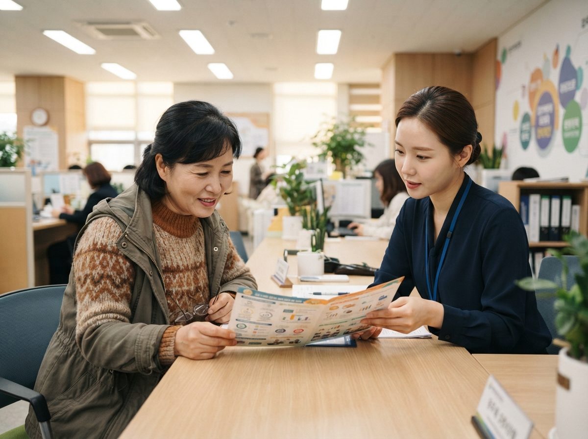 신중년 50대 여성이 중장년내일센터 상담 창구에서 직원과 마주 앉아 취업지원 프로그램 안내 책자를 함께 보며 이야기를 나누는 장면. 밝은 형광등 아래 편안한 사무 공간, 따뜻한 분위기. 실사 사진 스타일.