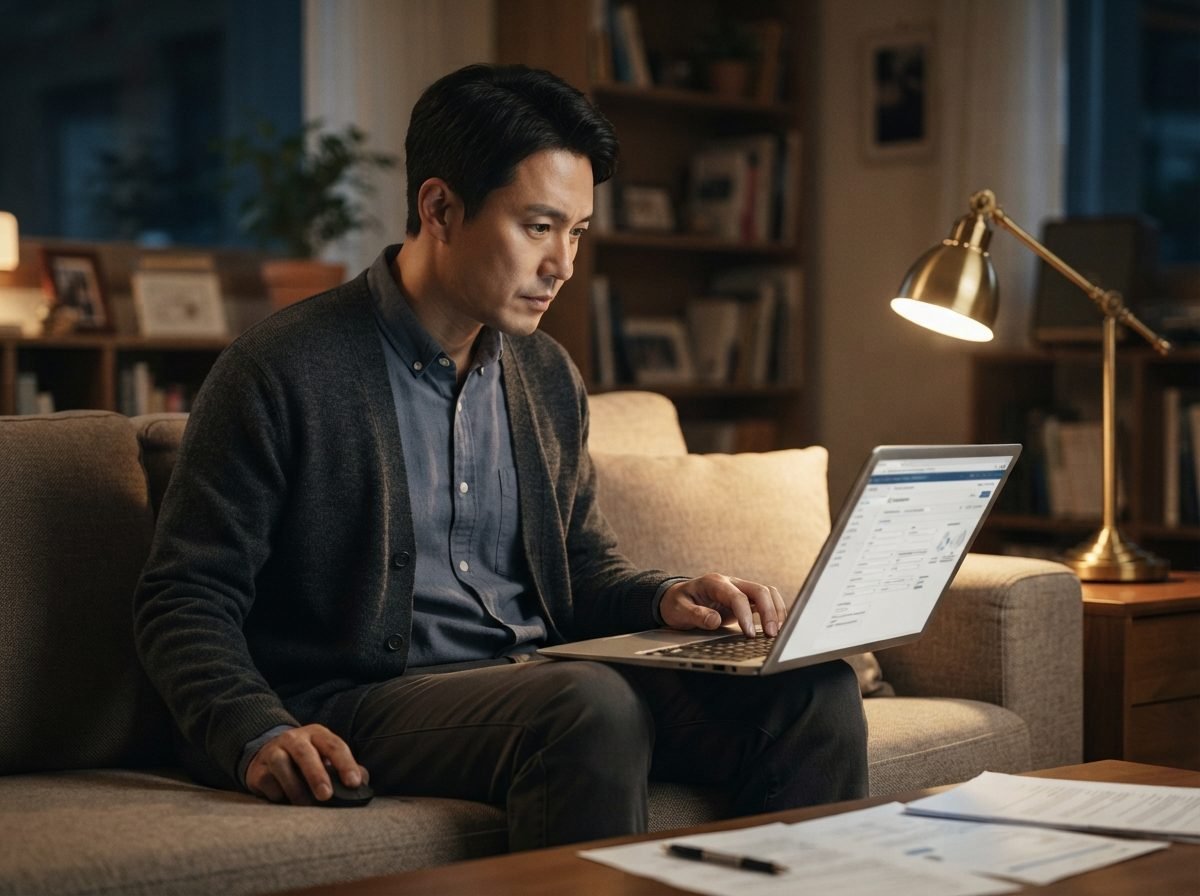 주거급여 40대 남성이 집 소파에 앉아 노트북 화면을 보며 온라인 행정심판 포털에 서류를 입력하는 모습, 저녁 스탠드 조명, 진지하고 집중된 표정, 실사 사진