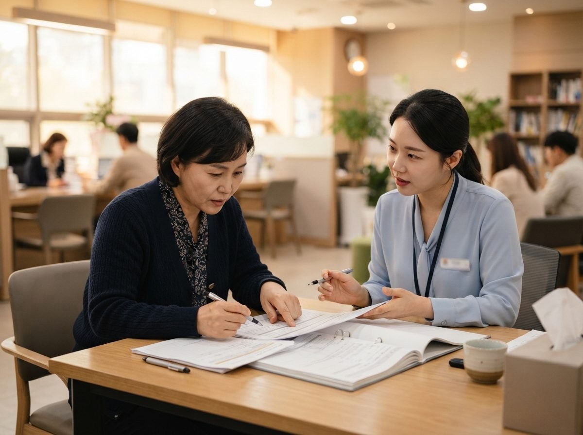 중장년 재취업 40대 후반 여성이 고용지원 담당자와 마주 앉아 서류 꾸러미를 함께 살펴보며 상담받는 모습, 따뜻한 실내 조명, 진지하고 협력적인 분위기, 실사 사진
