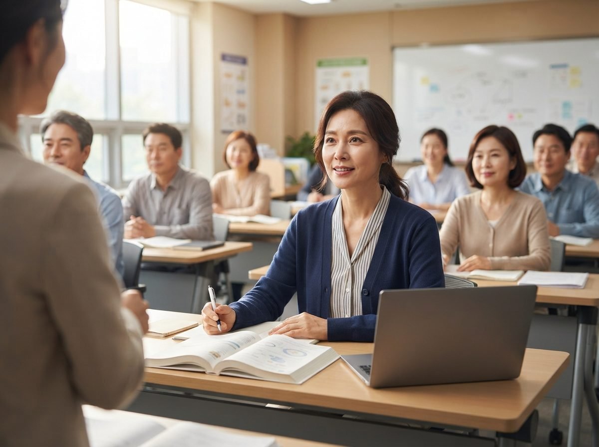 장년 40대 후반 여성이 밝은 교육장에서 노트북과 교재를 앞에 두고 직업훈련 강의를 집중해서 듣는 모습, 주변에 비슷한 연령대 수강생들이 보이고, 활기차고 의욕적인 분위기, 실사 사진