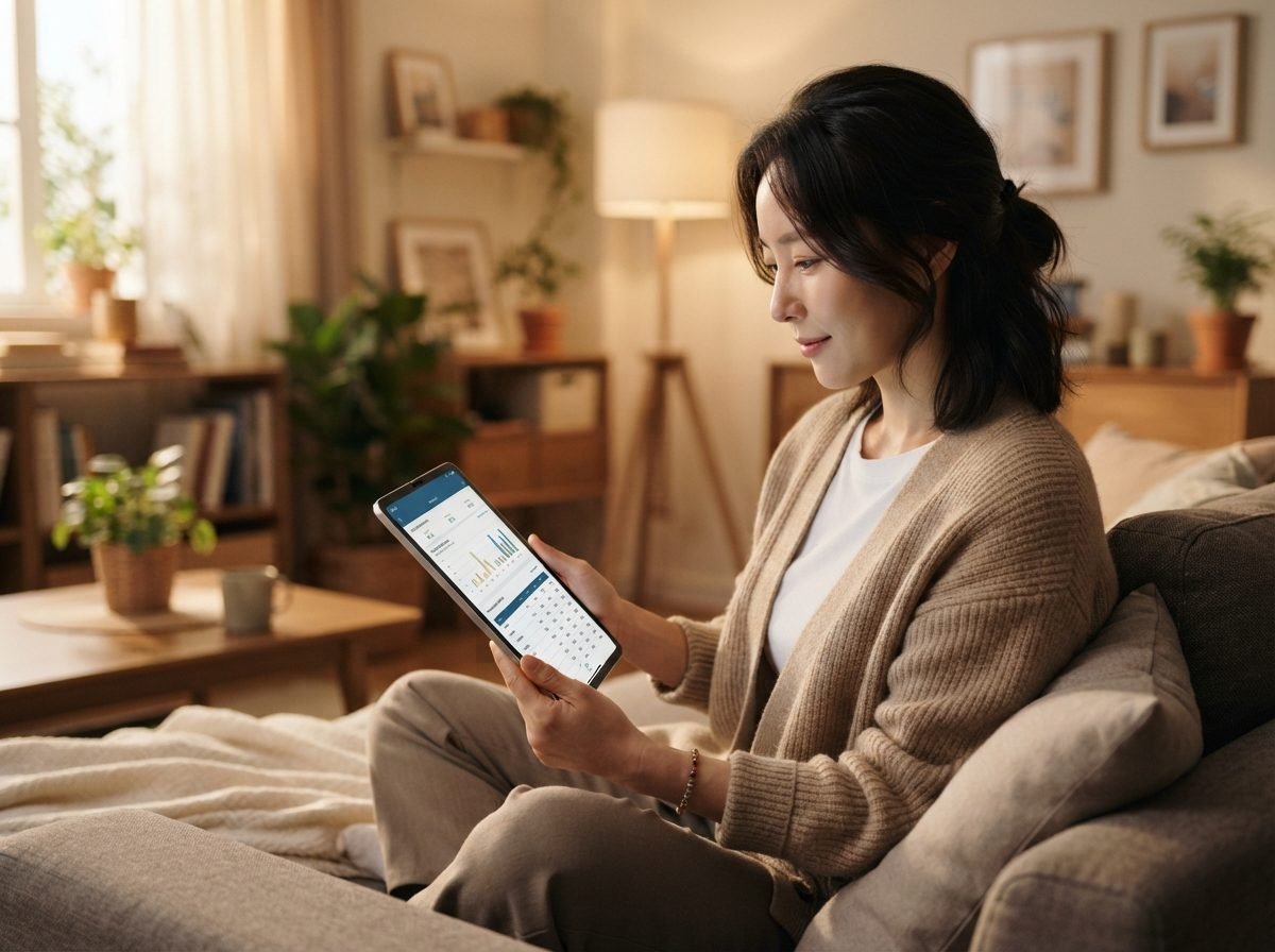 2026 연말정산 미리보기 10월 준비 체크리스트 30대 여성이 집 거실 소파에 앉아 태블릿으로 금융 앱을 열고 대출 원리금 상환 내역을 확인하는 장면, 따뜻한 실내 조명, 차분하고 집중된 분위기, 실사 사진